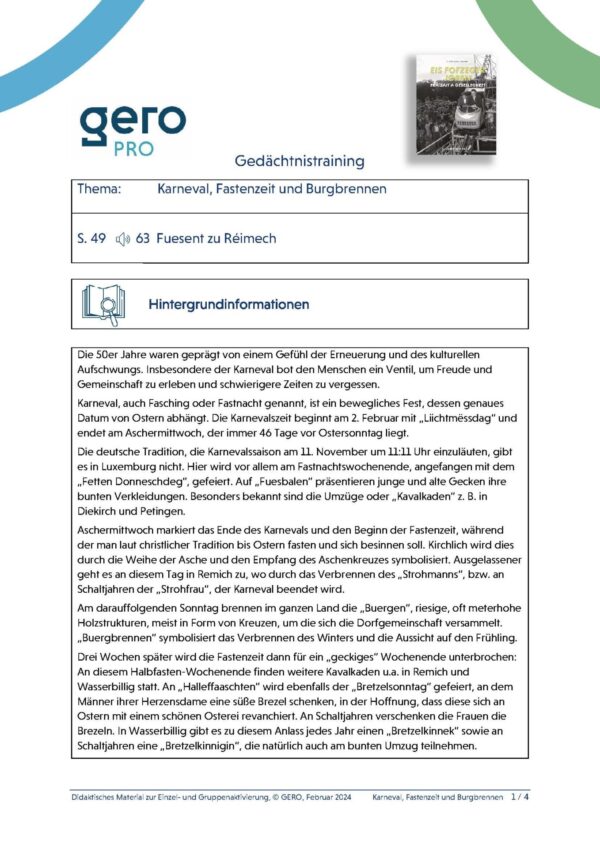 Arbeitsmaterial Gedächtnistraining – Eis Fofzeger Joren Band 3